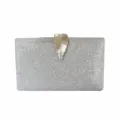 Elegant silver glitter evening clutch bag featuring a decorative gold leaf clasp closure - Iridescent Silver