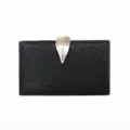 Elegant black glitter evening clutch bag with a decorative silver metal leaf clasp closure - Iridescent Black
