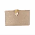 Elegant champagne gold glitter evening clutch bag featuring a detailed golden leaf metal clasp - Small Mesh / Rose Gold