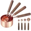 Set di 8 Misurini e Cucchiai Dosatori Manico in Legno di Noce Oro Rosa per Cucina - Set da 8 Pezzi Tazza Cucchiaio Dosatore Placcato Oro Noce