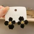 Elegant black flocked velvet flower stud earrings with golden stamen detail for women - Flocked Flower Style (E2670) / Black