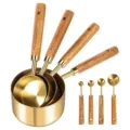 Ensemble de tasses et cuillères à mesurer en acier inoxydable avec manches en bois - Ensemble 8 Pièces Tasse et Cuillère à Mesurer en Bois d'Acacia Plaqué Or