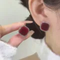 Elegant red velvet square stud earrings with sparkling rhinestone border for women - Red Flocked Rhinestone Square Style (E4569)