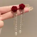Elegant French style red flocked rose earrings with pearl and rhinestone tassels decoration - 3D Rose Rhinestone Artificial Pearl Tassel Style (E2694) / Red