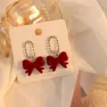 Red flocked bow earrings with rhinestone oval loops in French sweet style - Bowknot Rhinestone Oval Ring Style (E3540) / Red