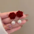 Elegant red flocked rose earrings with white pearl drop for a sweet French look - Rose Pearl Style (E3542) / Gold with Red