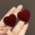Red flocked velvet heart stud earrings for elegant autumn and winter fashion styles. - Flocked Heart Stud Earrings (E3548) / Red