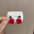 Elegant handmade red velvet rose stud earrings featuring vintage black teardrop crystals - Rose Rhinestone Stud Earrings (E3622) / Silver Plated Red