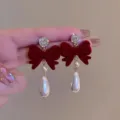 Elegant French style red velvet bow earrings featuring crystal studs and teardrop pearl dangles - Pearl Bowknot Pendant Style (E3674) / Red