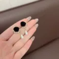 Elegant French style flocked black rose earrings with white teardrop pearl drops - Rose Pearl Pendant Style (E3698) / Black