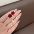 Elegant French red velvet rose earrings with teardrop pearl pendants - Rose Pearl Pendant Style (E3698) / Burgundy