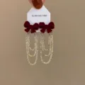 Elegant velvet red bow earrings with long sparkling rhinestone tassel chains for women - Bowknot Rhinestone Tassel Style (E3724) / Red