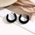 Elegant black velvet flocked C-shaped hoop earrings featuring a soft matte finish - C-Shaped Flocked Style (E3780) / Gold Black