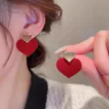 Elegant French style red flocked heart stud earrings with metallic gold accent for women - Double Heart Design Style (E3805) / Red