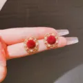 Elegant French sweet red flocked stud earrings with gold filigree and white pearls - Round Hollow Artificial Pearl Style (E4208) / Gold with Red
