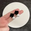 Elegant French style black flocked bow earrings with white pearl drop for women - Flocked Bow Pearl Drop Style (E4260) / Black