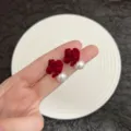 Elegant red flocked flower stud earrings with white pearl pendants for autumn and winter - Flocked Bow Pearl Drop Style (E4260) / Dark Red