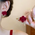 Elegant French style red flocked flower stud earrings with sparkling rhinestone accents - Flocked Flower with Rhinestone (E4752) / Burgundy