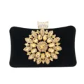 Elegant black suede evening clutch bag with large golden rhinestone sunflower ornament - 20cm x 6cm x 12cm / Black