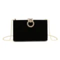 Elegant black velvet evening clutch bag with sparkling double-ring clasp and chain - 20cmx4cmx12cm / Velvet Black