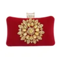 Elegant red suede evening clutch bag with sparkling rhinestone sunflower decoration - 20cm x 6cm x 12cm / Bright Red