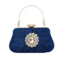 Elegant navy blue glitter evening clutch bag with a sparkling rhinestone flower ornament - Blue