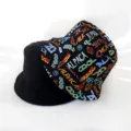 Stylish reversible bucket hat detail showing solid black side and colorful graffiti print side. - Adult Size 55-58cm / Multicolor Letter Graffiti Style (10)
