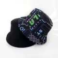 Close-up of reversible bucket hat with pixel pattern and solid black side, casual unisex sun hat. - Adult Size 55-58cm / Pixel Geometric Print Style (13)