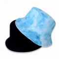 Reversible tie-dye bucket hat for men and women, stylish casual sun hat detail view. - Adult Size 55-58cm / Blue White Tie-Dye Style (5)