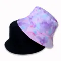 Double-sided bucket hat detail showcasing black and pastel tie-dye fabric textures clearly. - Adult Size 55-58cm / Pink Purple Gradient Style (6)