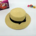 Women summer flat top straw hat with black ribbon bow, elegant beach sun hat main view. - M (56-58cm) / Creamy Yellow