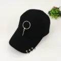 Black punk style baseball cap with metal rings and piercing pendant, cool street fashion hat. - Adjustable / Black Round Ring Pendants