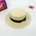 Summer women straw boater hat with black bow, elegant flat top sun beach hat for ladies. - M (56-58cm) / Beige