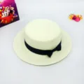 Summer women flat top straw hat with black ribbon bow elegant beach sun hat for outdoor travel. - M (56-58cm) / Cream