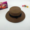 Stylish brown flat top straw hat with black ribbon bow for women summer beach sun hats. - M (56-58cm) / Coffee