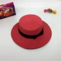 Women Red Straw Hat Flat Top Summer Beach Sun Hat with Black Bow Ribbon Stylish UK Style - M (56-58cm) / Watermelon red