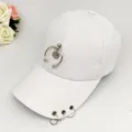 White baseball cap with metal horseshoe ring and punk piercing for trendy street style. - Adjustable / White Smile Face Pendants