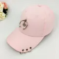 Pink baseball cap with metal rings and smiley charm punk style streetwear hat for women - Adjustable / Pink Smile Face Pendants