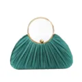 Green pleated evening clutch bag with gold round metal handle for party wedding dress - Green