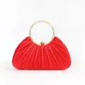 Red pleated evening bag with gold ring handle, elegant clutch purse for party wedding. - Bright Red