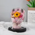 Detailed view of artificial soap roses and sunflower inside LED light glass dome - Large Glass Dome / Pink