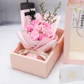 Elegant pink soap rose and carnation flower bouquet in a gift box with a matching gift bag - 7 Mixed Flowers (No Light) / Pink