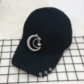 Black baseball cap featuring moon star pendant and metal rings for street style women men - Adjustable / Moon Triple Ring in Black