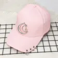 Pink baseball cap with silver moon star pendant and metal ring brim, casual fashion hat. - Adjustable / Moon Three-Ring Pink