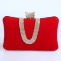 Red velvet evening clutch bag with rhinestone U-shaped handle and crystal clasp for women. - Bright Red