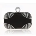 Stunning black satin rhinestone evening bag with elegant ring clasp for women party. - Black