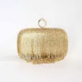 Gold Rhinestone Evening Clutch Bag with Ring Clasp and Tassel Fringe for Party Dress - Gold