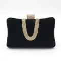 Elegant black velvet evening clutch bag with sparkling rhinestone U-shaped handle for women. - Black
