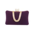 Purple velvet evening clutch bag with elegant U-shaped rhinestone strap and metallic clasp. - Purple