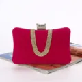 Red Velvet Evening Clutch Handbag Featuring Rhinestone U-Shaped Handle for Party - Rose Red